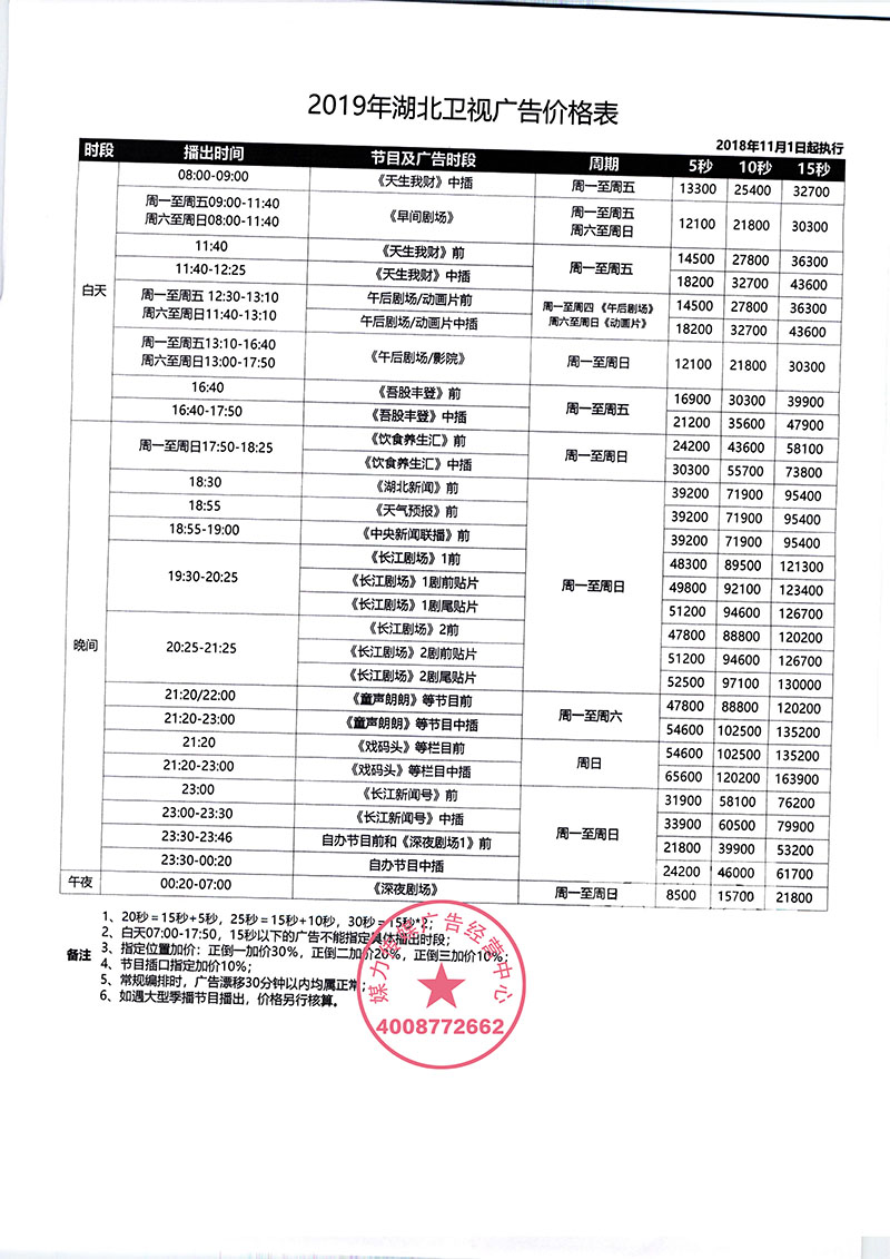 2019年湖北卫视广告价格表