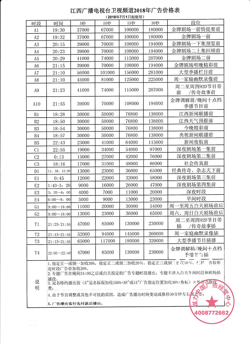 2019年江西卫视广告价格表