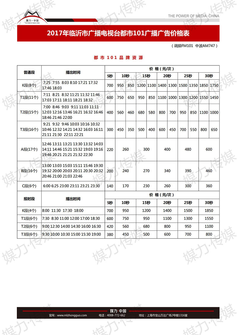 2017年临沂广播电台都市广播FM101广告价格表