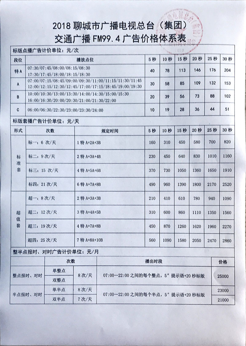 2018年聊城广播电台交通广播FM99.4广告价格表