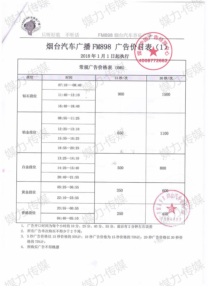 2018年山东烟台汽车广播FM898广告价格表