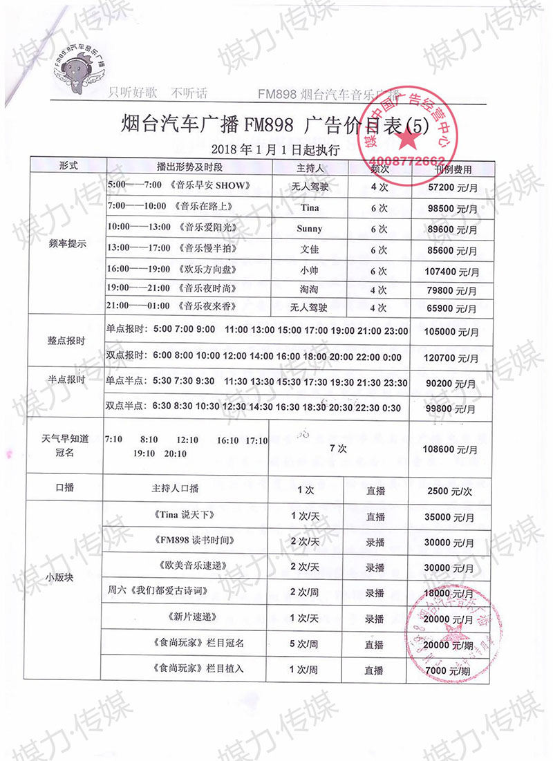 2018年山东烟台汽车广播FM898广告价格表