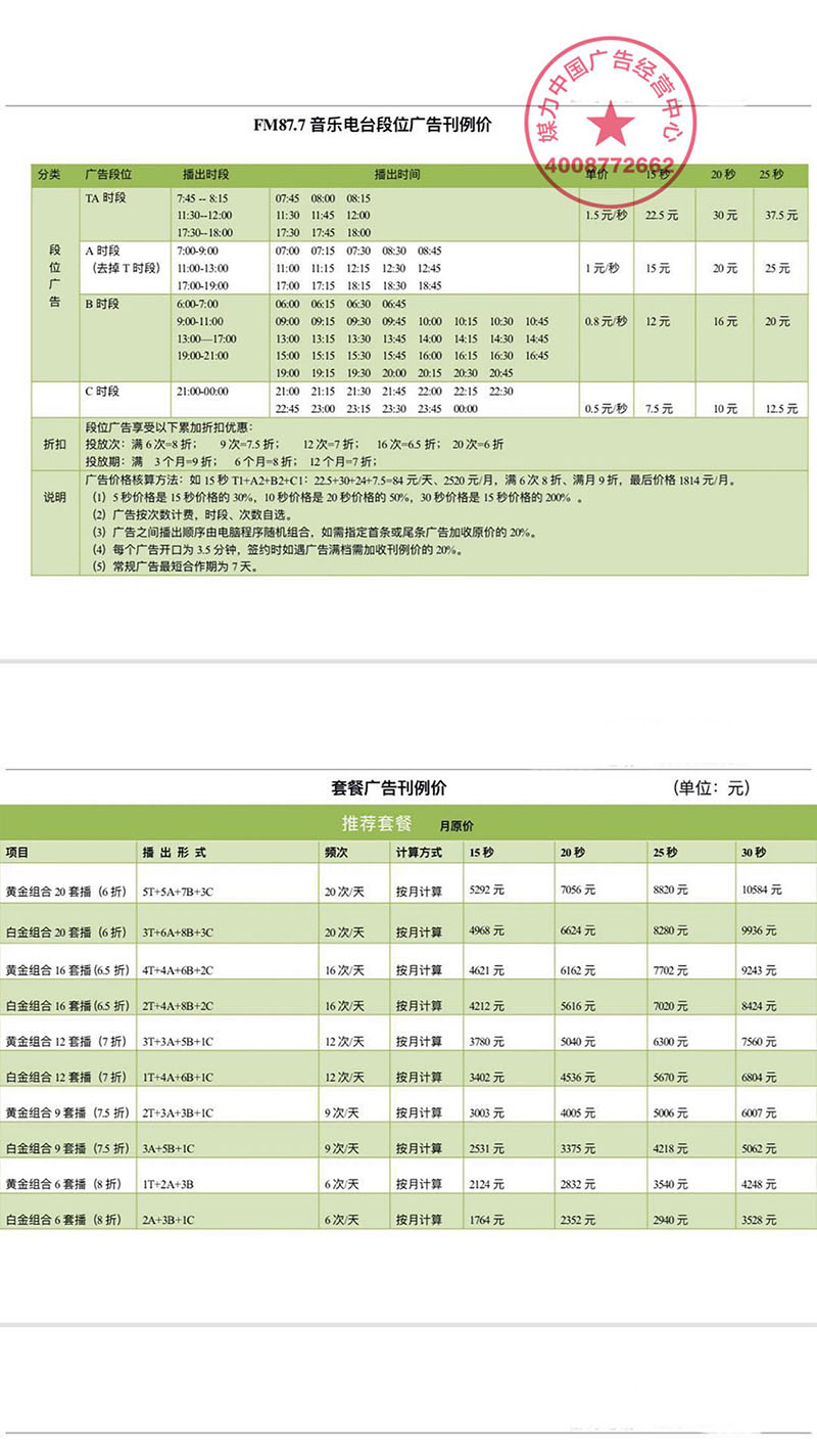 2018年枣庄魅力广播FM87.7广告价格表