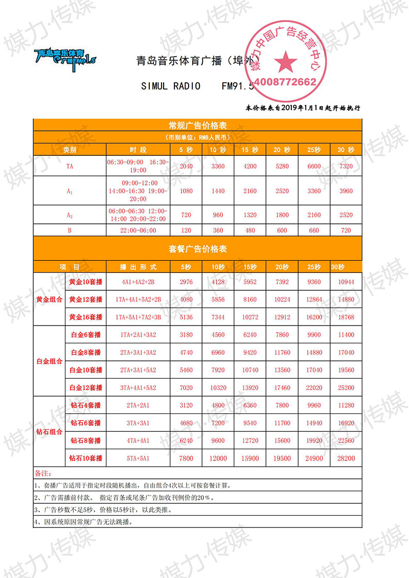 2019年青岛音体广播FM91.5广告价格表（阜外）