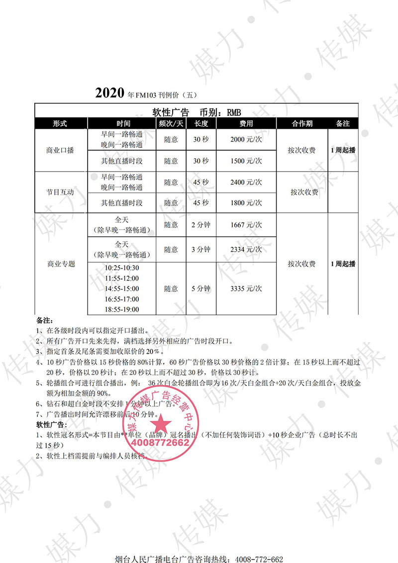 2020年烟台广播电台FM103交通广播广告价格表