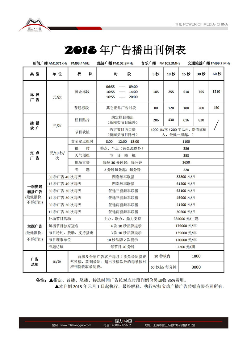 2018年宝鸡人民广播电台广告价格表