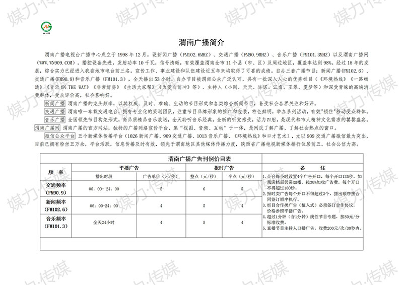 2018年渭南人民广播电台广告价格表