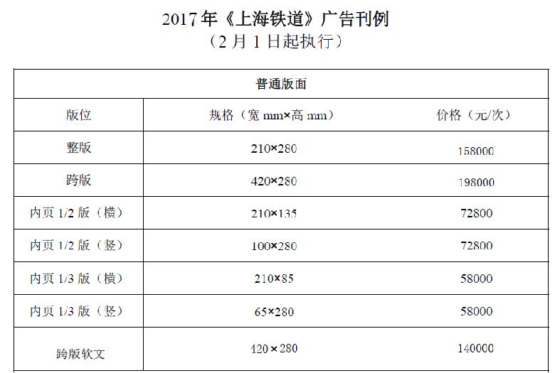 2017年高铁杂志上海铁道广告刊例