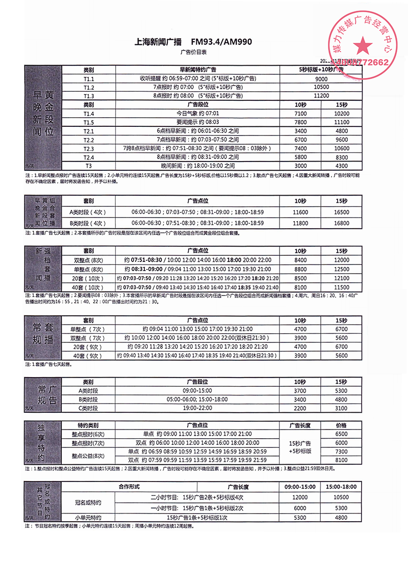 2020年上海新闻广播广告价格刊例表
