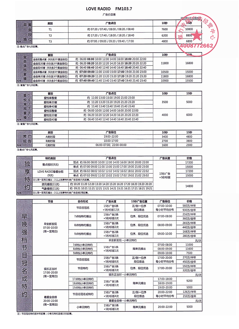 2020年上海音乐广播loveradio103.7广告价格表
