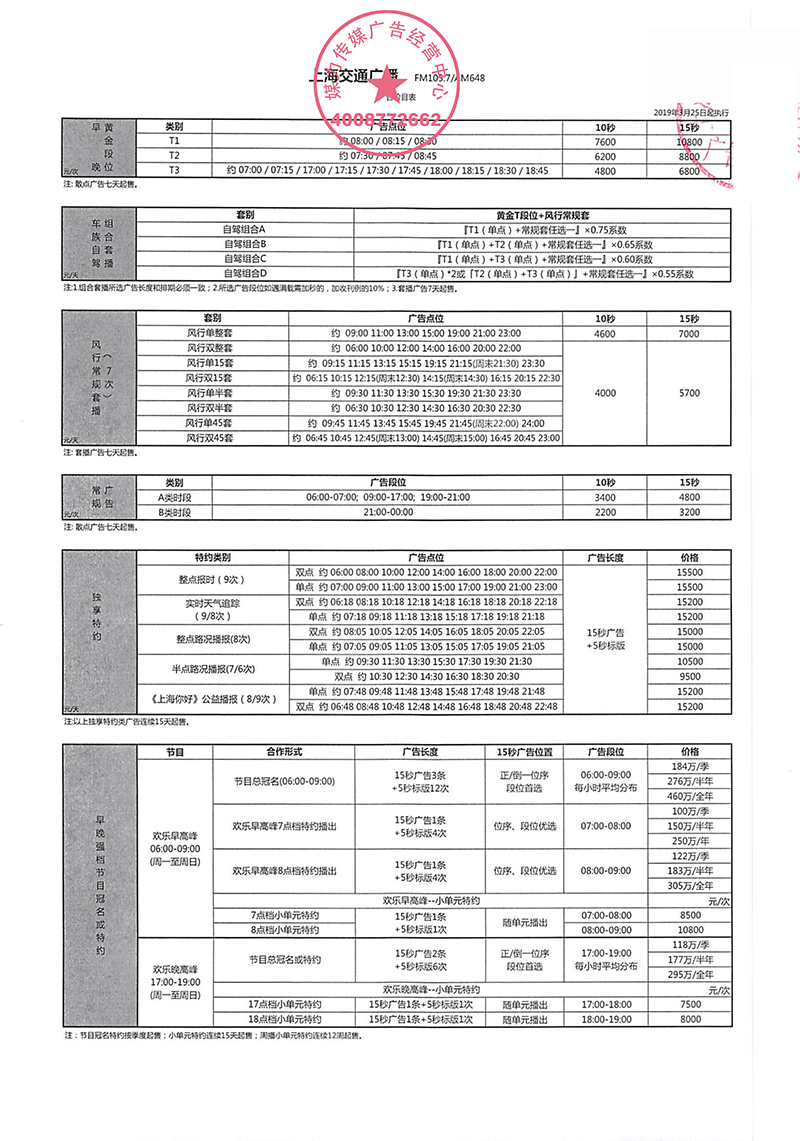 2020年上海交通广播广告费用表