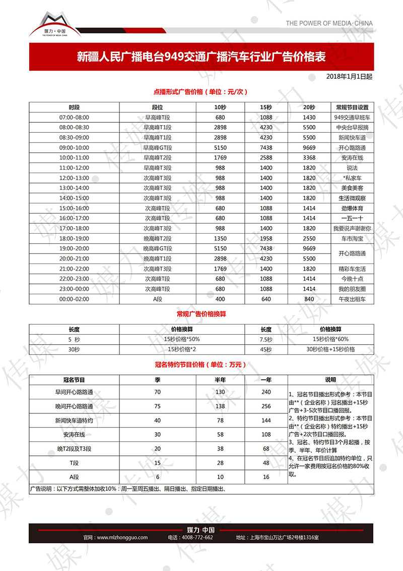 新疆人民广播电台交通广播2018年广告价格(汽车)