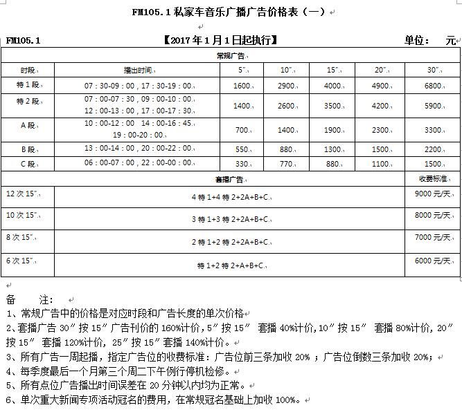 成都私家车音乐广播2017年广告价格