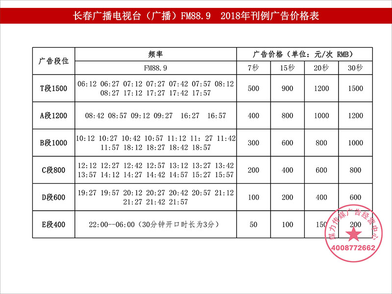 2018年长春新闻广播FM88.9广告刊例价格