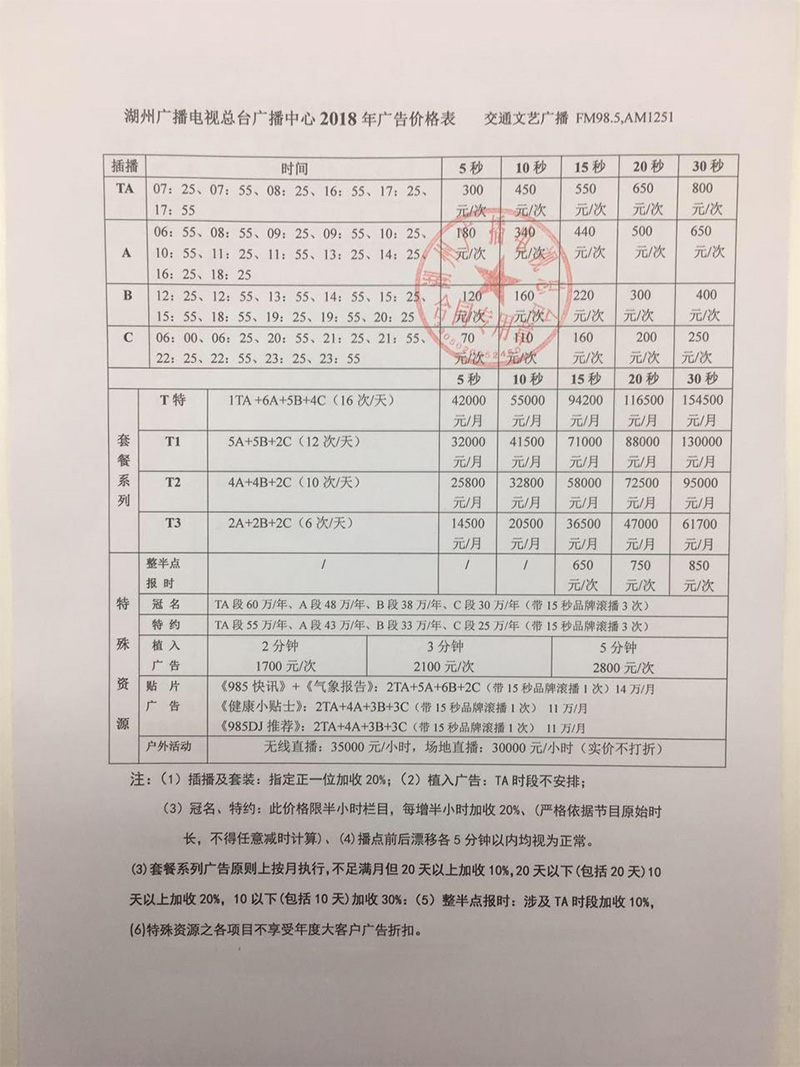 2018年湖州交通文艺广播FM98.5广告价格表